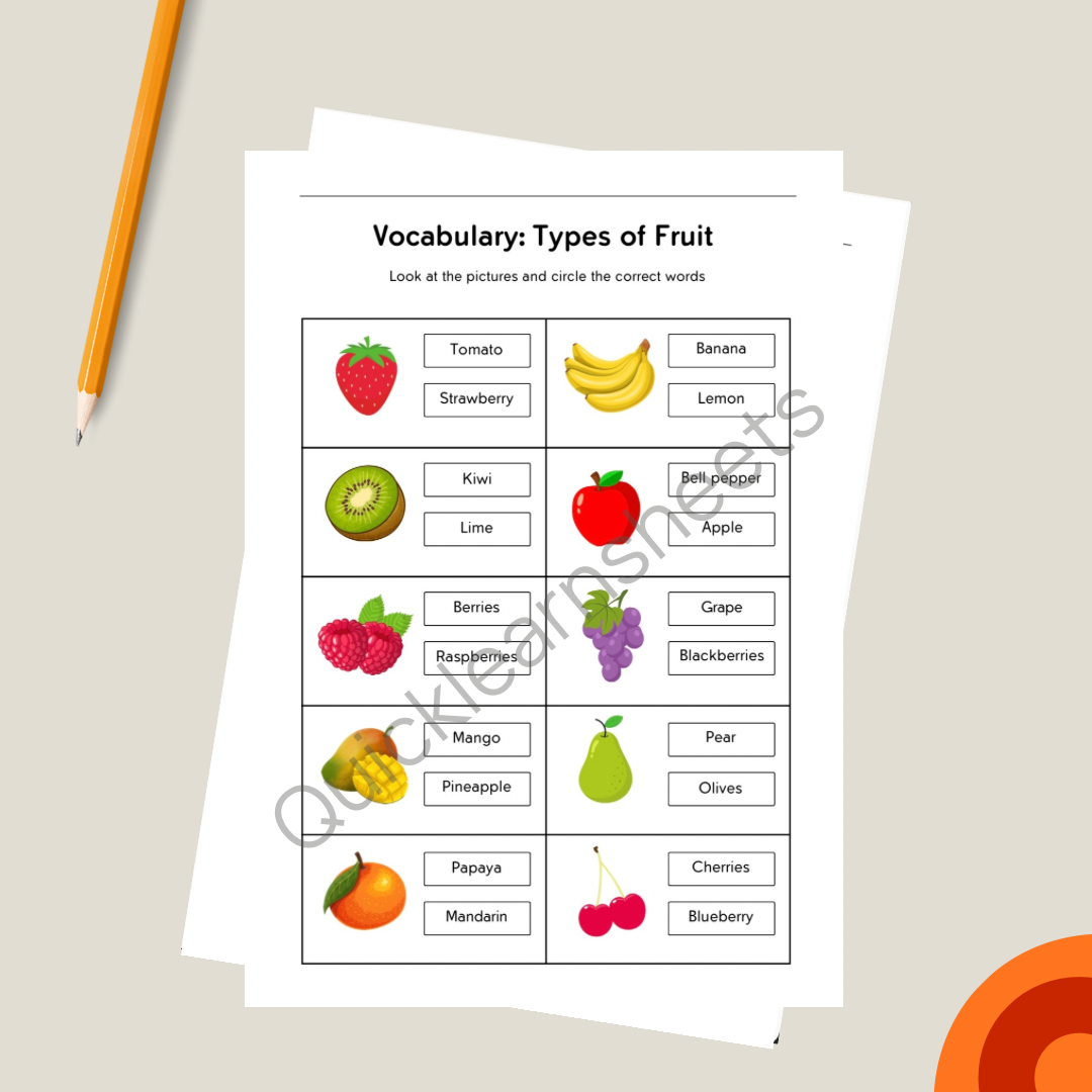 types of fruit vocabulary in french worksheet pdf
